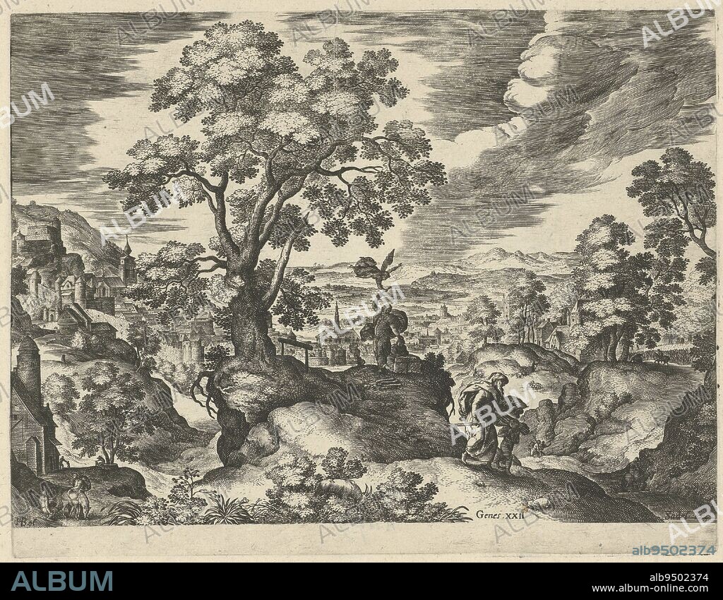 A hilly landscape with a city in the background. In the foreground Abraham leading his son to the place of sacrifice. In the center, Abraham attempts to behead his son Isaac with a sword. An angel stops him. The print is part of an eight-part series of landscapes with scenes from the Old and New Testaments, Landscape with Abraham's Sacrifice Landscapes with Scenes from the Old and New Testaments (series title), print maker: Johann Sadeler (I), Hans Bol, (mentioned on object), publisher: Johann Sadeler (I), (mentioned on object), unknown, 1580 - 1600, paper, engraving, h 205 mm × w 268 mm.