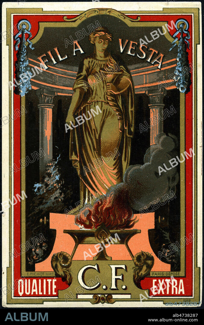 Fil a Vesta (ou HESTIA, chez les grecs, deesse vierge du foyer) . Illustration anonyme pour une etiquette de fil vers 1890. Credit : Collection IM/KHARBINE-TAPABOR.