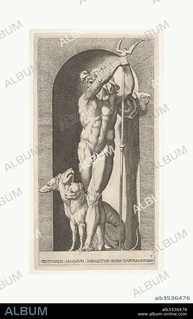 Plate 7: Pluto in a niche, holding a bident, with Cerberus next to him, from a series of mythological gods and goddesses, 1526, Etching, Sheet: 8 11/16 × 4 9/16 in. (22 × 11.6 cm), Prints, Giovanni Jacopo Caraglio (Italian, Parma or Verona ca. 1500/1505–1565 Krakow (?)), After Rosso Fiorentino (Italian, Florence 1494–1540 Fontainebleau).