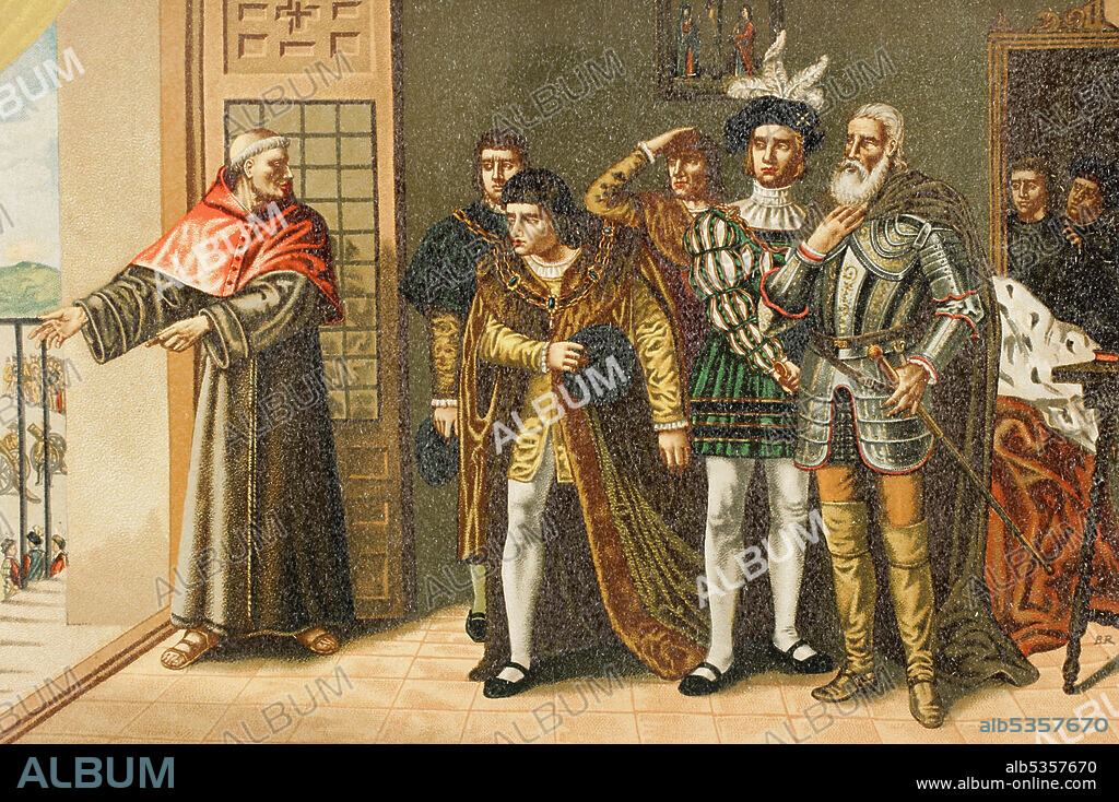 Francisco Jiménez de Cisneros, conocido por Cardenal Cisneros (1436-1517). Cardenal, arzobispo de Toledo, Primado de España y tercer Inquisidor General de Castilla. El Cardenal Jiménez de Cisneros mostrando su poder a la nobleza. Cromolitografía a partir de un cuadro de Manzano. Historia General de España, por Miguel Morayta. Tomo IV. Madrid, 1890.