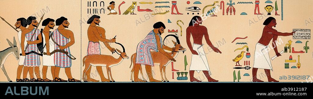 'The Arrival of a Tribe of Semitic Nomads in Egypt', 1895 BC, (1903). The Arrival of a Tribe of Semitic Nomads in Egypt, about the year 1895 B.C, Ancient Egyptian Wall-Painting in a Tomb near Beni Hassan, Middle Egypt', 1895 BC, (1903). From The World's History, Volume III, by Dr. H. F. Helmolt [William Heinemann, London, 1903].