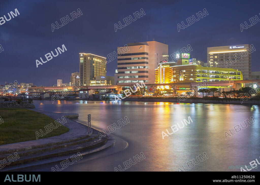 Skyline of Naha at dusk, Okinawa, Japan, Asia.