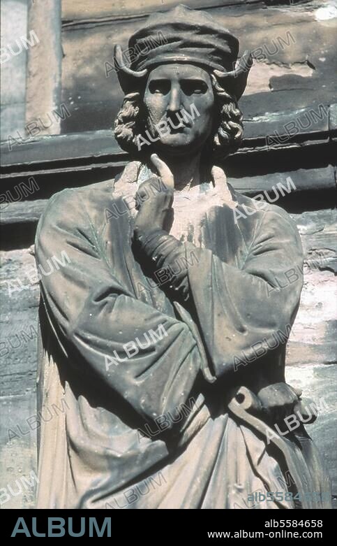 Ensinger, Ulrich (Ulrich von Ensingen). Baumeister; Einsingen bei Ulm oder Unterensingen bei Nürtingen um 1350 - Straßburg 10.2.1419. Standbild des Ulrich Ensinger. Skulptur, 19. Jahrhundert. Straßburg - Strasburg, Münster - Cathédrale Notre-Dame, Portal des Südquehauses (Uhrportal).