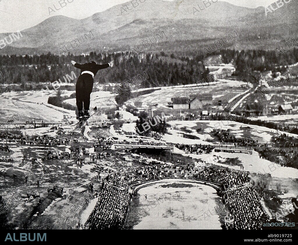 Photograph of the Ski jump at Lake Placid during the 1932 Winter Olympic games. It was won by Birger Ruud (1911 - 1998) from Norway.