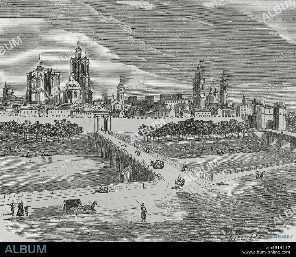 Spain, Valencia. Panoramic of the city. Illustration by Urrabieta, 19th century. Engraving. Cronica General de Espa–a. Historia Ilustrada y Descriptiva de sus Provincias. Valencia, 1867.