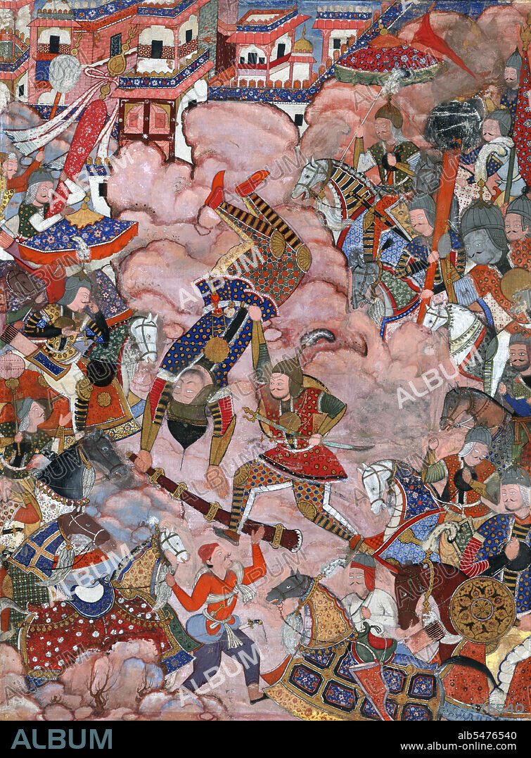 The Hamzanama or Dastan-e-Amir Hamza (Adventures of Amir Hamza) narrates the mythical exploits of Amir Hamza, the uncle of the prophet of Islam. Most of the story is extremely fanciful, memorably described by the first Moghul Emperor Babur as: 'one long far-fetched lie, opposed to sense and nature'. Yet the Hamzanama proved enduringly popular with Babur's grandson, the third Mughal Emperor Akbar, who commissioned a magnificent illustrated version of the epic in c.1562, from which this miniature is taken. The text augmented the story, as traditionally told in dastan performances. This romance originated more than 1,000 years ago, probably in Persia, and subsequently spread throughout the Islamic world in oral and written forms. The Dastan (story telling tradition) about Amir Hamza persists far and wide up to Bengal and Arakan (Burma) due to Hamza's supposedly widespread travelling in Persia, eastern India, the Himalayas, Bengal, Manipur, Burma and perhaps Malaysia in his youth, or before he embraced Islam in 616.