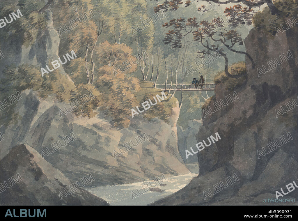 Alpine Bridge and Woodland Scenery near Pistil y Maw, John Warwick Smith, 17491831, British, undated, Watercolor over graphite on medium, slightly textured, cream wove paper, Sheet: 6 1/8 x 8 3/4 inches (15.6 x 22.2 cm) and Contemporary drawn border: 9 7/8 x 14 5/8 inches (25.1 x 37.1 cm), bridge (built work), cliffs, forest, landscape, men, river.