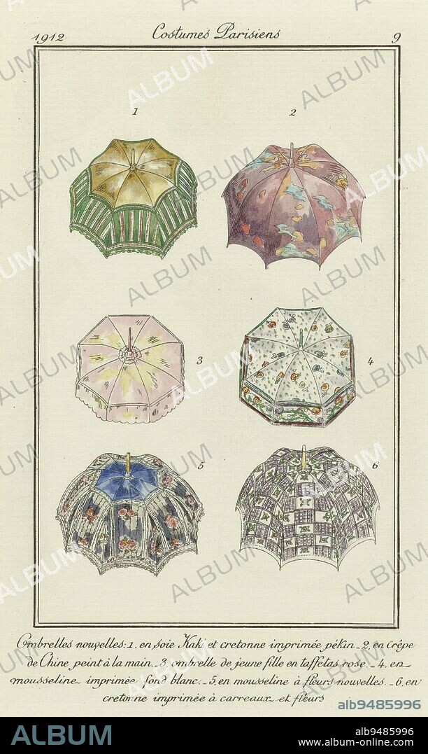 Accessories, Journal des Dames et des Modes, 1912, Costumes Parisiens, no. 9: Ombrelles nouvelles, Six umbrellas in different colors and designs, executed in silk, in crepe de chine, muslin or in printed cretonne ., print maker: anonymous, (mentioned on object), Paris, 1912, paper, engraving, height 180 mm × width 110 mm.