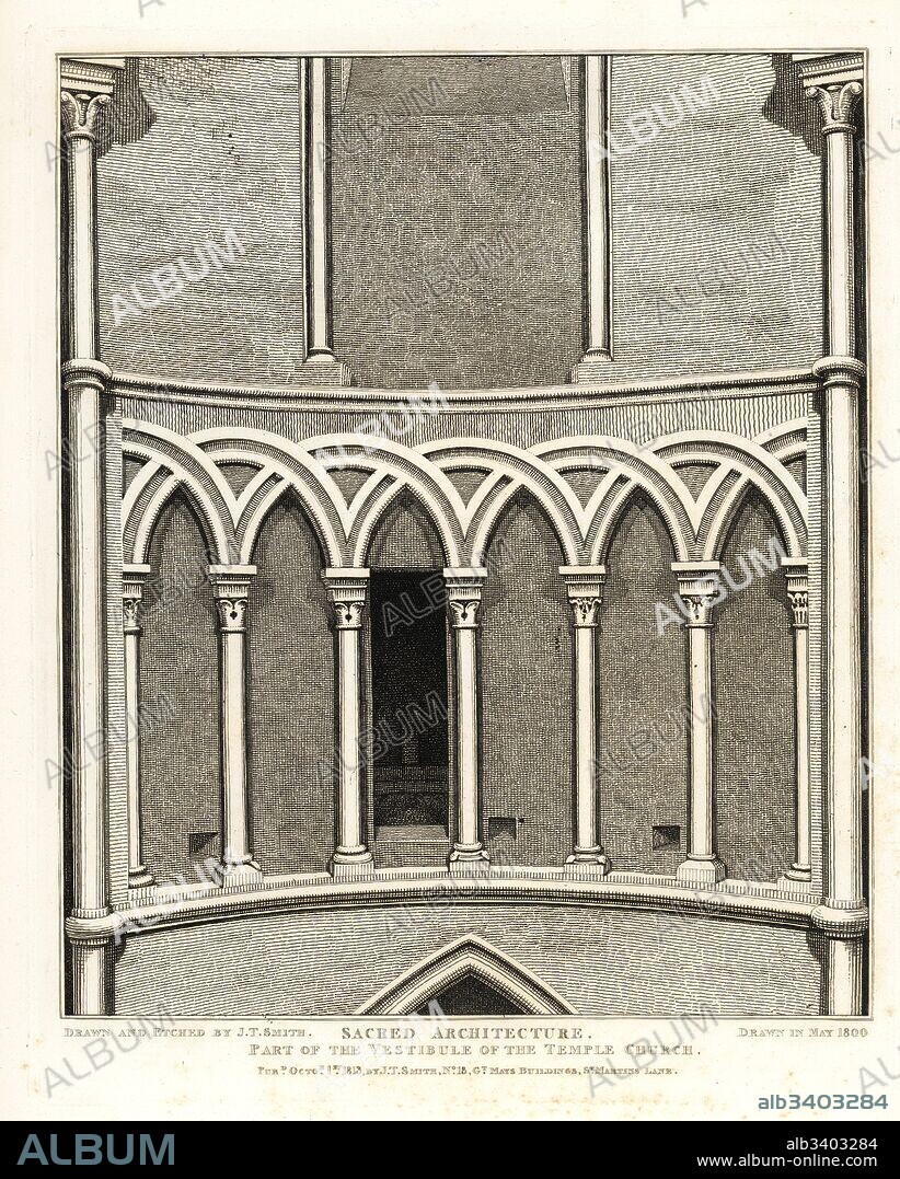 Part of the Vestibule of the Temple Church, built 1185. Decorated Norman style architecture with pointed arches. Copperplate engraving drawn and etched by John Thomas Smith from his Topography of London, 1813.