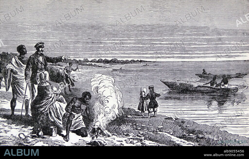 David Livingstone (1813-1873) with his wife and family, at the discovery of Lake Ngami, 1849. From Livingstone's Missionary Travels.