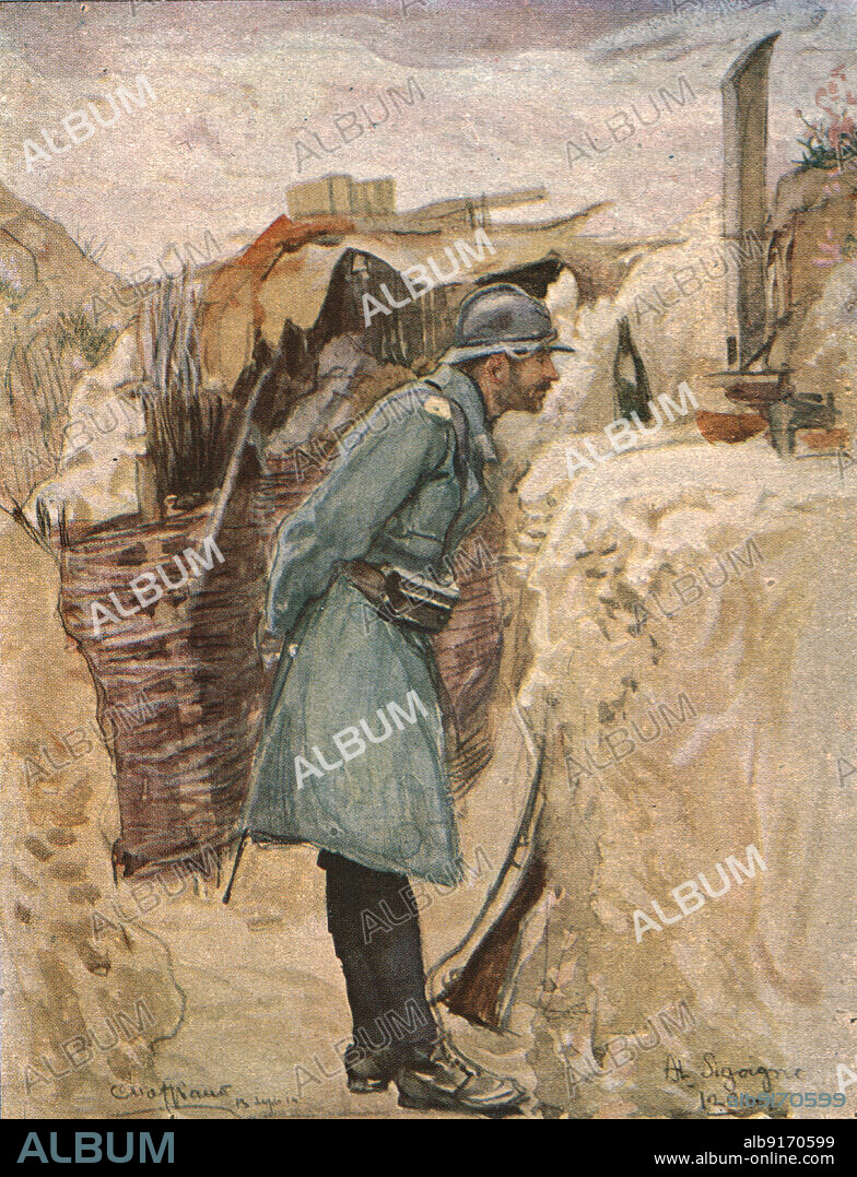 CHARLES HOFFBAUER. 'Dans les tranchees; Le periscope (tranchee de la Carriere)', c1915. From "Collection de la Guerre IV. L'Illustration Tome CXLVII. La Guerre Janvier, Fevrier, Mars, Avril, Mai, Juin 1916".