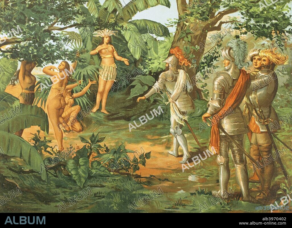 Discovery of America, 1492. Island of Bohio (Hispaniola). The Taino leader Anacaona, so-called "Golden flower" (1474-1503) welcoming the Spaniards. Chromolithography. La Civilizacion (The Civilization), volume III, 1882.