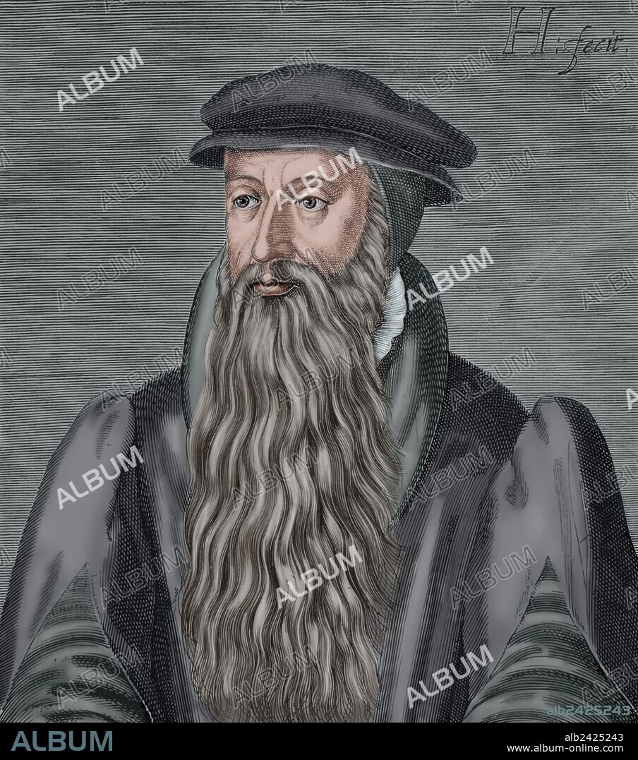 John Knox (1514-1572). Sacerdote escocés, lider de la Reforma Protestante en Escocia. Fundador de Presbiterianismo. Grabado por H. Hondins el Joven. "Historia Universal", 1885. Coloreado.