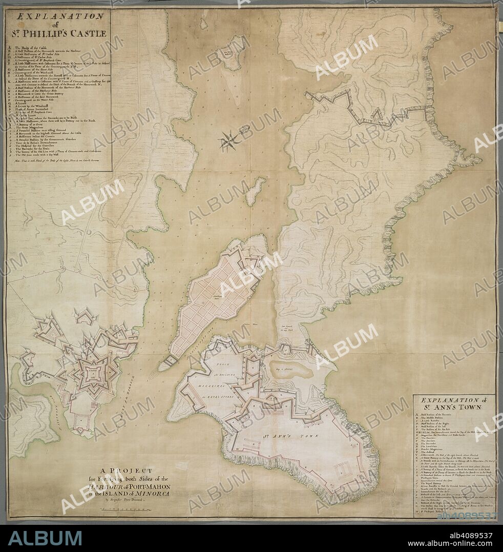 A map of the Port of Mahon produced during the time Colonel Peter Durand was a chief engineer (1709-1712). It reflects the 1708 plans to strengthen St. Philip's Castle and build a fort on Cape Mola ("St. Ann's Town"). A PROJECT for Fortifying both Sides of the HARBOUR of PORT-MAHON in the ISLAND of MINORCA. [Mahon] : [Peter Durand], [between 1709 and 1712.]. Source: Maps K.Top.74.21.5.TAB.END. Language: English.