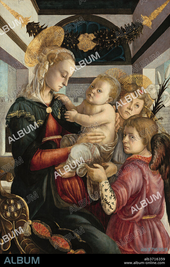 ATTRIBUTED TO SANDRO BOTTICELLI. Madonna and Child with Angels. Dated: 1465/1470. Dimensions: overall: 86.7 x 57.8 cm (34 1/8 x 22 3/4 in.)  overall (with edge strips): 89.2 x 60 cm (35 1/8 x 23 5/8 in.)  framed: 137.2 x 101.6 cm (54 x 40 in.). Medium: oil and tempera on poplar panel.