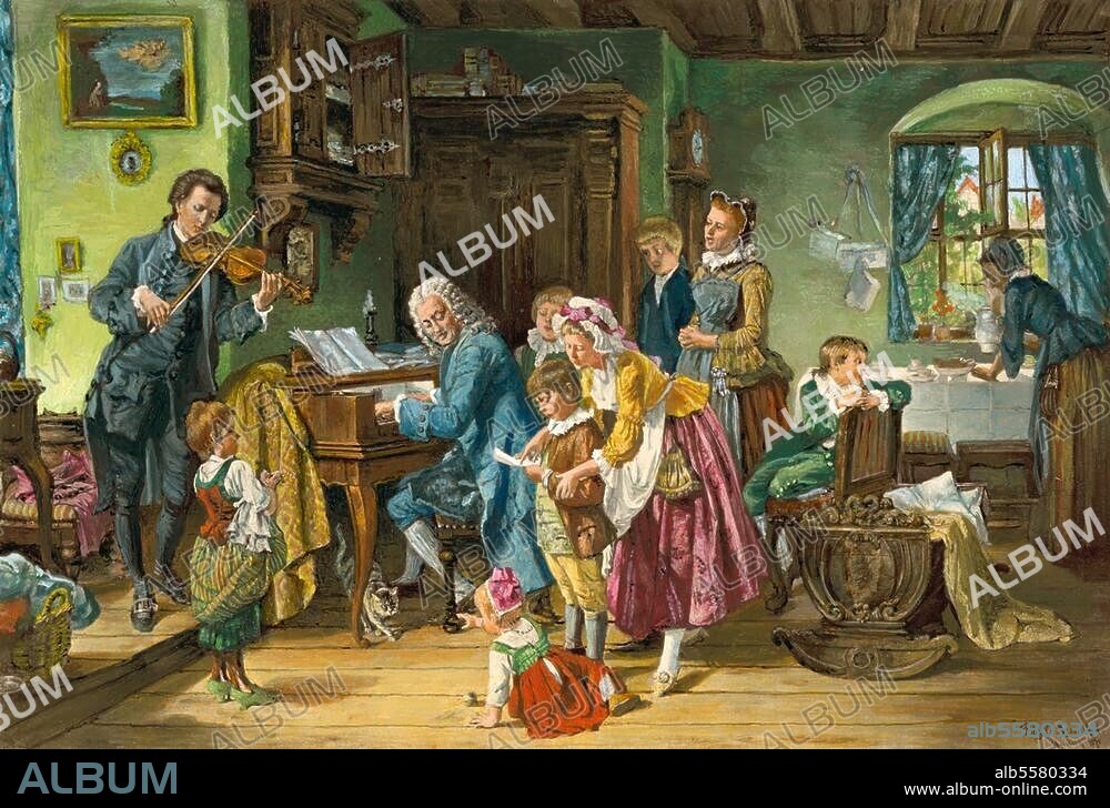 Bach, Johann Sebastian; Komponist. 1685-1750. - "Johann Sebastian Bach im Kreise seiner Familie" (Bach mit seiner Familie bei der Morgenandacht). Lichtdruck, spätere Kolorierung, nach dem Gemälde, 1870, von Toby Edward Rosenthal (1848-1917), ehemals im Museum zu Leipzig.