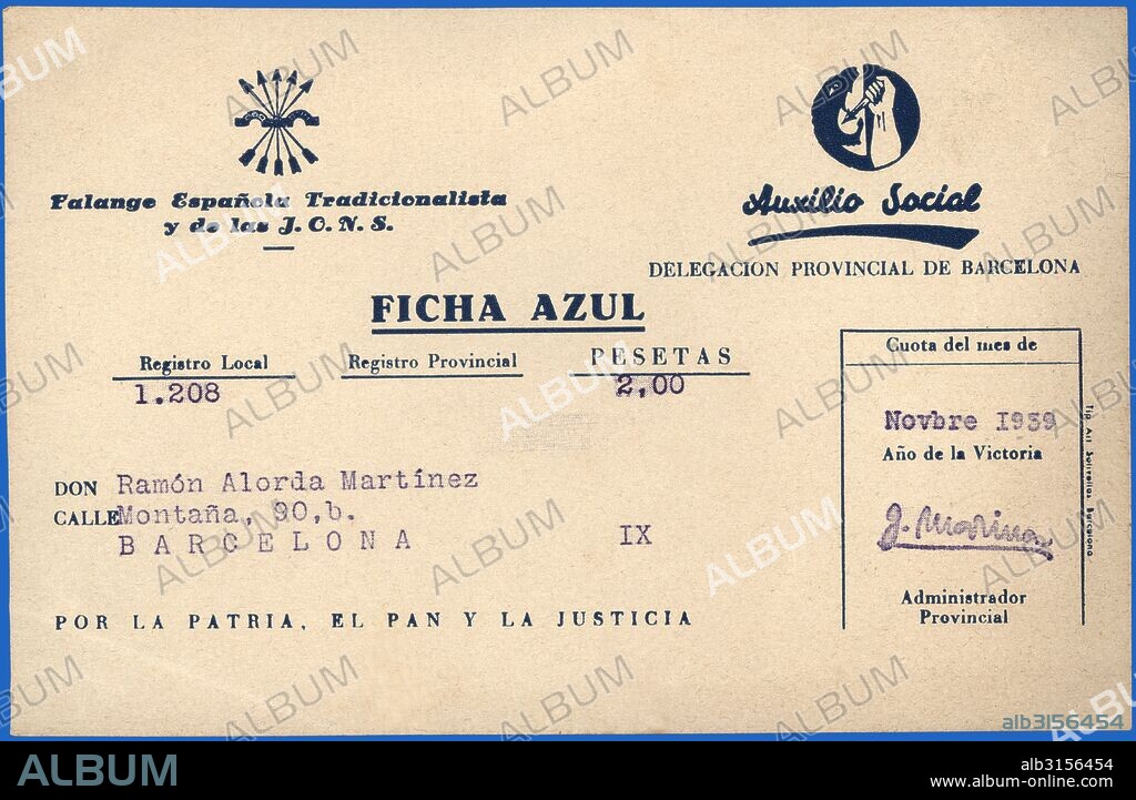 Ficha azul de Falange Española Tradicionalista y de las J.O.N.S. para el Auxilio social. Año 1939.