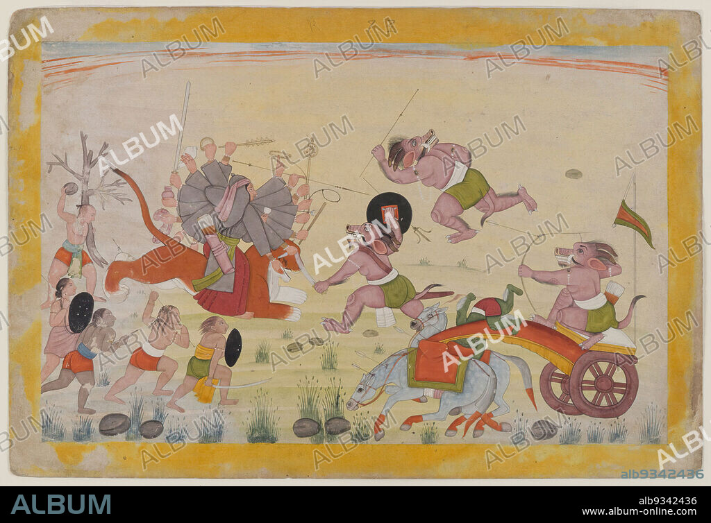 Mahasura Attacks the Devi, Folio from a Dispersed Devi Mahatmya Series, Indian, Opaque watercolor on paper, Guler, Punjab Hills, India, ca. 1770-1780, sheet: 7 7/8 x 11 5/8 in., 20.0 x 29.5 cm, 18th century, animals, arrows, Asian, Asian art, attack, battle, bows, chariot, demon, Devi, Devi Mahatmya, Durga, fight, fighting, folio, Ganas, goddess, Guler, Hindu, horse, illumination, Indian, Mahasura, manuscript, ndd3, painting, paper, Punjab Hills, tiger, warrior, watercolor.