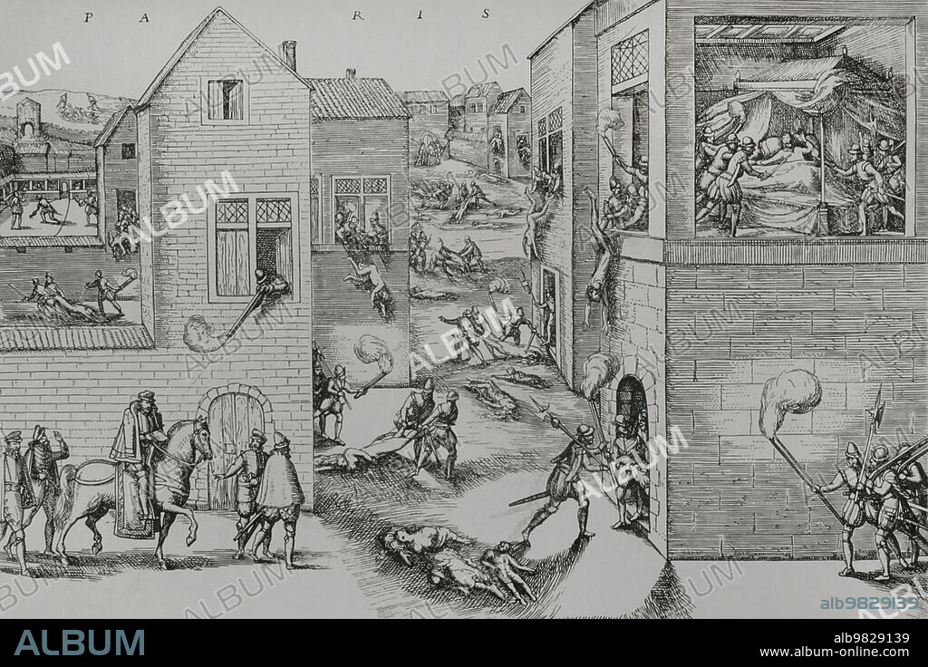 Intento de asesinato de Gaspar de Coligny (1519-1572) mediante un atentado el día 22 de agosto de 1572. Fue el desencadenante de la matanza de la noche de San Bartolomé en París, durante la noche del 23 al 24 de agosto de 1572. Grabado del siglo XIX a partir de uno alemán que reproduce una de las planchas adicionales de la colección grabada por Jean Tortorel y Jacques Perrissin. En la parte inferior izquierda muestra el atentado contra Coligny por disparo de arcabuz, llevado a cabo por Maurevert desde una ventana, y su muerte durante la matanza de San Bartolomé. Coligny fue asesinado en su casa por Besme, uno de los oficiales alemanes del duque Enrique de Guisa. A continuación fue defenestrado y sometido a vejación arratrándolo por las calles. En otras casas vecinas Teligny y otros protestantes fueron también masacrados. En la parte superior izquierda, uno de los escuderos contándole al rey Carlos IX, a quien encuentra jugando a la pelota, la noticia del atentado contra Coligny. "Vie Militaire et Religieuse au Moyen Age et à l'Epoque de la Renaissance". París, 1877.