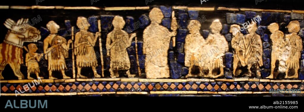 From the Standard of Ur (war side). Sumerian artefact (circa 2600 BC) excavated from the royal tomb in the city of Ur in the 1920's. South of what is now Baghdad in Iraq. It is an historical account of ancient warfare, and shows a king, prisoners, soldiers and animals. (Photo by: Universal History Archive/UIG via Getty Images).