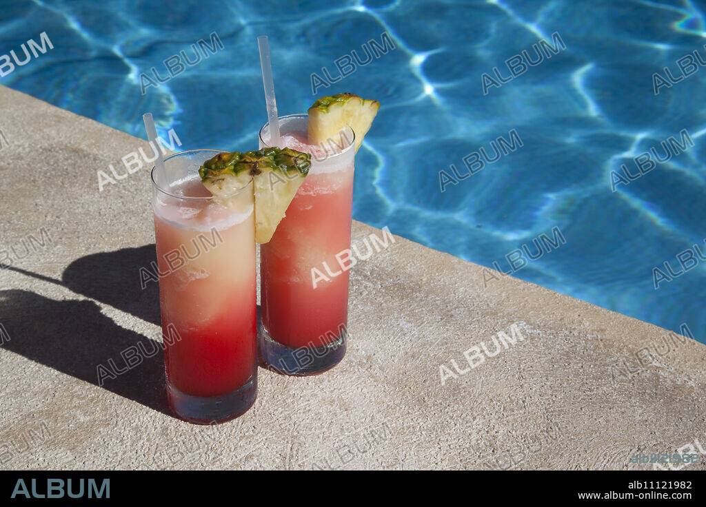 Colourful cocktails by the pool, Punta Cana, Dominican Republic, West Indies, Caribbean, Central America.