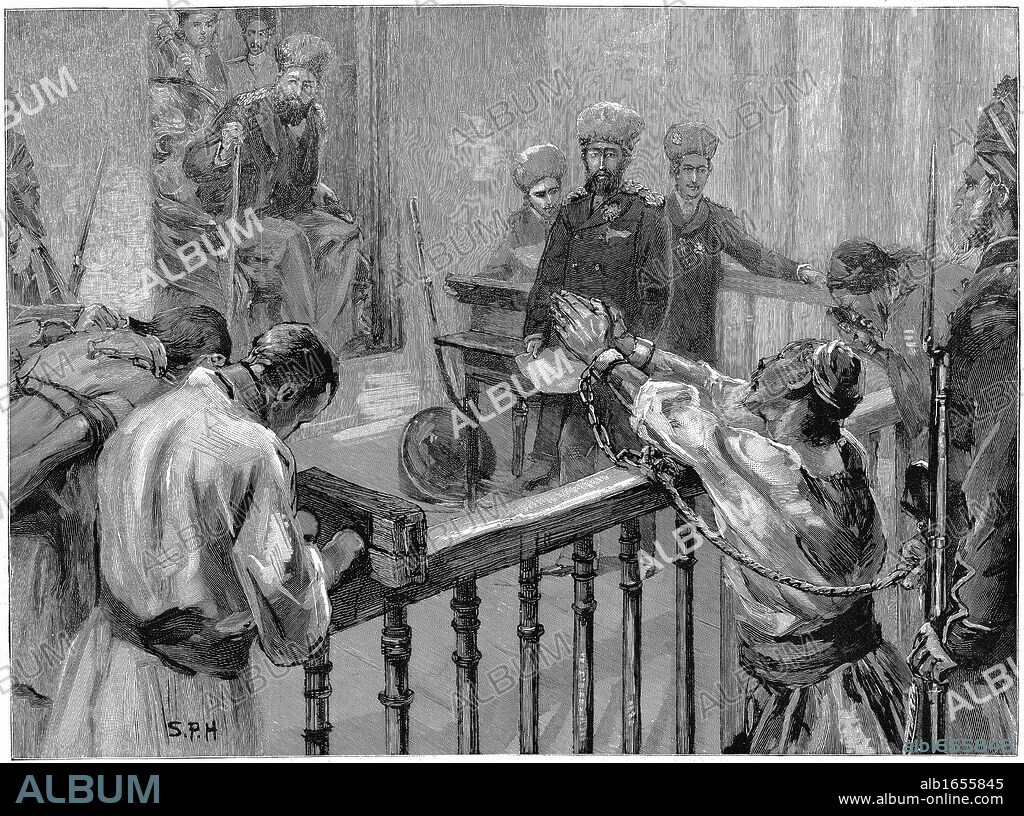Abdor Rahman Khan (1844-1901) grandson of Dost Mohammad Khan the founder of Barakzai dynasty. Ruler of Afghanistan 1880-1901, here condemning to death Hazara prisoners of war. Wood engraving 1893.