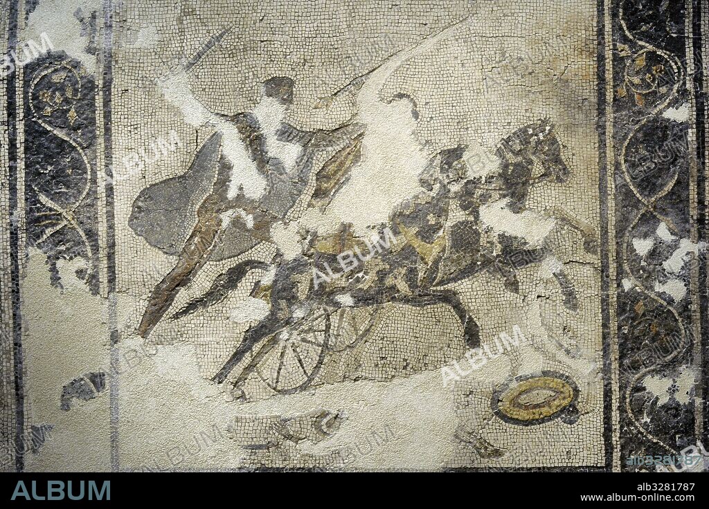 Mosaico romano. Edipo y Layo. Edipo en su carro, da muerte al rey Layo atropellándolo. Fechado entre 1-49 d. C. Procedente de Avella, La Campania. Colección de los mosaicos. Museo Arqueológico Nacional. Nápoles. Italia.