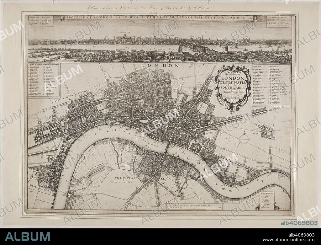 WENCESLAUS HOLLAR. A 17th century map of London, covering Westminster and Southwark. A new map of the citties of London Westminster & ye borough of Southwarke, with their suburbs : shewing ye streets, lanes, allies, courts etc. with othe [sic] remarks, as they are now, trully & carefully delineated / W. Hollar fecit. 1675. London : sold by Robert Green at ye Rose and Crown in Budg. Row. And by Robert Morden, at ye Atlas in Cornhill, 1675. Source: Crace Portolio 2.55.