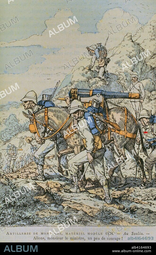 Ejército francés. Artillería de montaña. Transporte a lomos de una mula del material modelo 1878. Ilustración a color de la "Armeé Française, Nos Soldats" (Ejército Francés, Nuestros Soldados). Autor, Eugene Hennebert (1826-1896). París, h. 1890. Ilustración firmada por Hussenot y Pallandre. Biblioteca Histórico Militar de Barcelona, Cataluña, España.