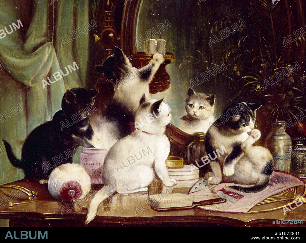 J. HARTUNG. Kittens on the Vanity Table, Hartung,  J. (20th C./German).