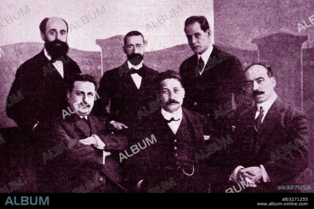 Catalan composers, circa 1920. Standing left to right: Francisco Pujol, Juan Salvat and Ignacio Folch. Seated left to right: Vicente M De Gilbert, Luis Millet and Frederico Lliurat.