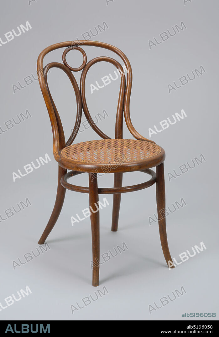 No. 19, Gebrüder Thonet, Bent wood, woven caning, Curvilinear, laminated bentwood frame, the back elements shaped into one circular and two elliptical loops; circular caned seat; circular stretcher below seat; the four legs curving out at feet., Vienna, Austria, ca. 1860, furniture, Decorative Arts, Side chair, Side chair.