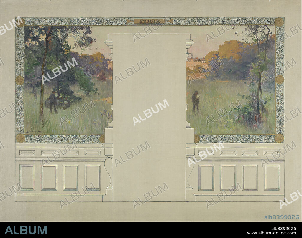 HENRI GASTON DARIEN. Esquisse pour la salle des fêtes de la mairie de Vanves : Studia, between 1902 and 1903. Study. Students reading in the grounds of the Pavillon Mansart. The Lycée Michelet at Vanves was built by Mansart in 1698, and converted into a school during the Second Empire.