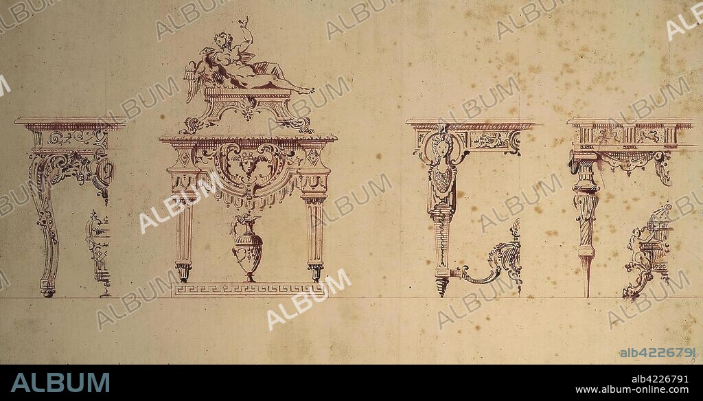 GILLES-MARIE OPPENORT. 'Design of a Console (four variants)'. France, 1710s. Dimensions: 17,9x34,3 cm.