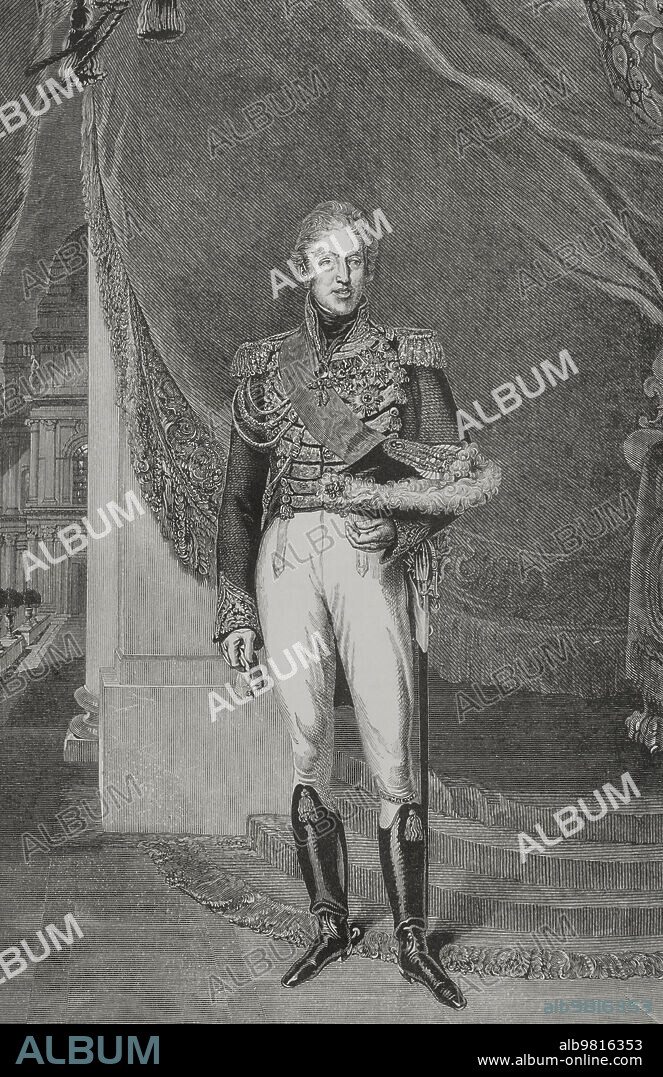 GUILLAUME-ALPHONSE HARANG CABASSON (1814-1884). FRENCH ARTIST.. Charles X of France (1757-1836). King of France and Navarre from 1824 to 1830. He abdicated after a liberal revolution in 1830. Portrait. Drawing by Cabasson after a painting from Sir Thomas Lawrence (1769-1830). Engraving by A. Quartley. "Los Héroes y las Grandezas de la Tierra". Volume V. 1855.