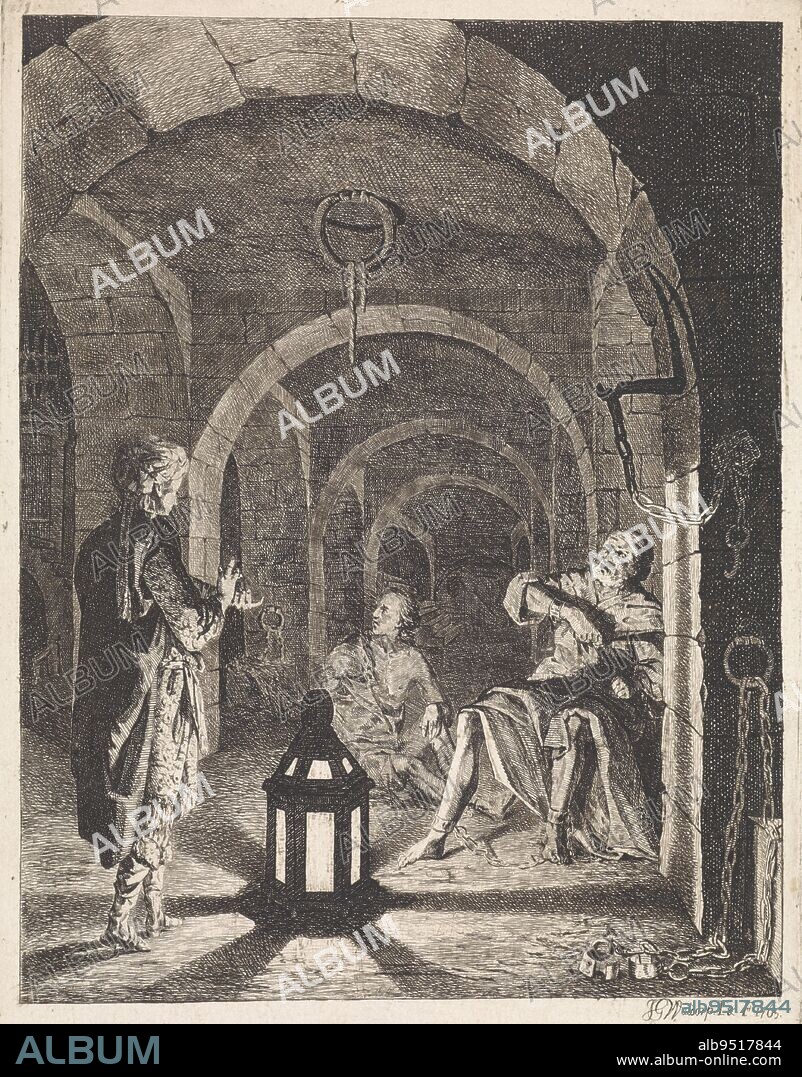 Joseph stands in the prison by a lantern. He explains the dreams of the king's cupbearer and baker (Gen. 40-8), Joseph explains dreams of cupbearer and baker, print maker: Jan Gerard Waldorp, (mentioned on object), Jan Gerard Waldorp, (mentioned on object), Amsterdam, 1765, paper, etching, engraving, h 214 mm × w 164 mm.