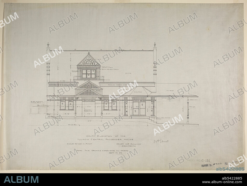 ADLER & SULLIVAN. Illinois Central Railroad, Oakland Avenue Passenger Station, Chicago, Illinois, South Elevation, 1886.
