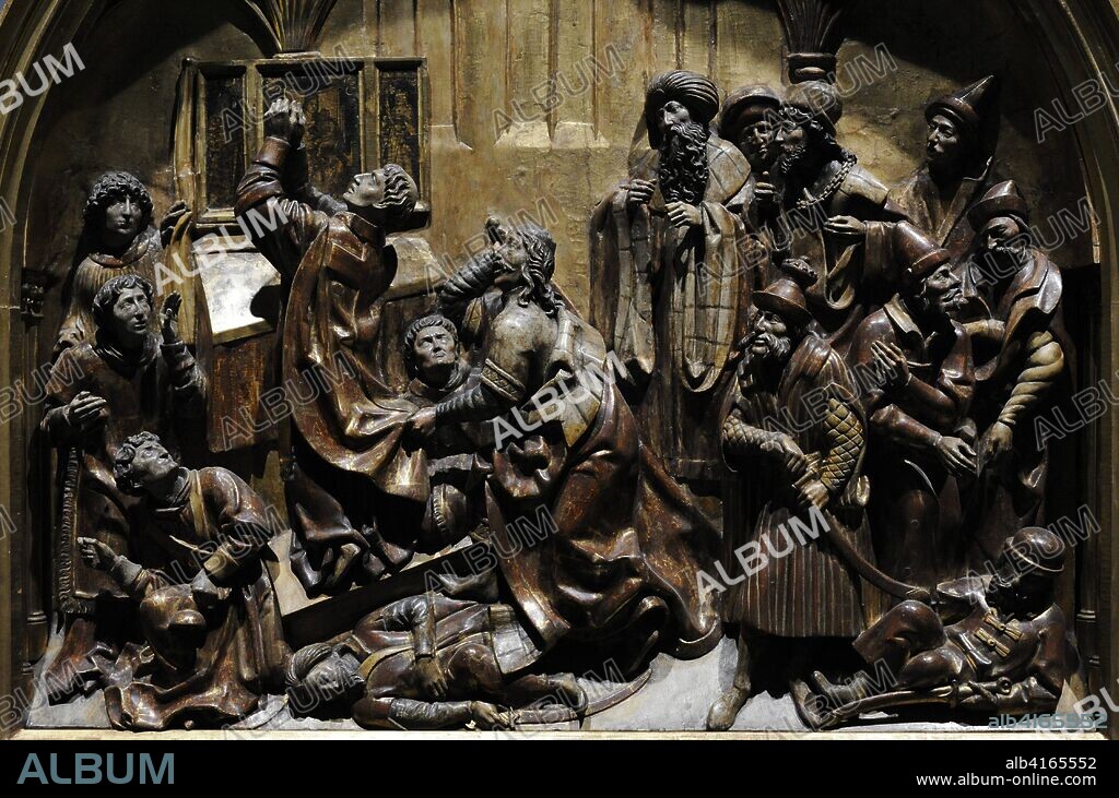 Tríptico de San Estanislao Obispo. Estalisnao de Cracovia (1030-1076). Detalle de una de las escenas representadas de la vida del santo. El rey polaco Boleslao II el Temerario ordenó la ejecución del obispo Estanislao. Según la leyenda el mismo Boleslao asesinó con su espada a Estanislao mientras celebraba una misa el 11 de abril de 1076. Madera pintada y dorada. Origen desconocido. Procedente de una iglesia en Plawno (Polonia). Museo Nacional de Varsovia. Polonia.