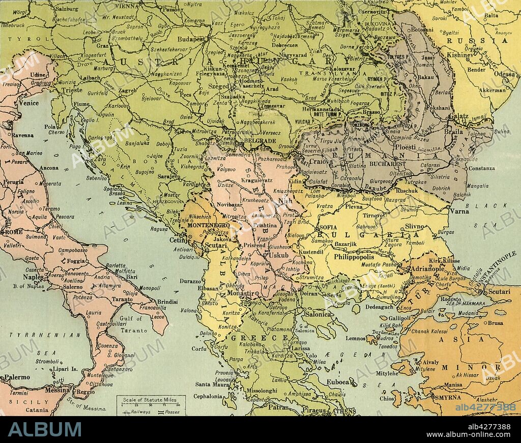 GEORGE PHILIP & SON LTD. 'Map To Illustrate the Eastern Battle Fronts', 1919. Map showing areas of eastern Europe and the Balkans which saw fighting during the First World War, 1914-1919, including Italy, Austria-Hungary, Albania, Montenegro, Greece, Serbia, Bulgaria, Romania, and parts of Russia and Turkey. From "The History of the Great European War: its causes and effects", Vol. V, by W. Stanley Macbean Knight. [Caxton Pulishing Company, Limited, London, 1919].