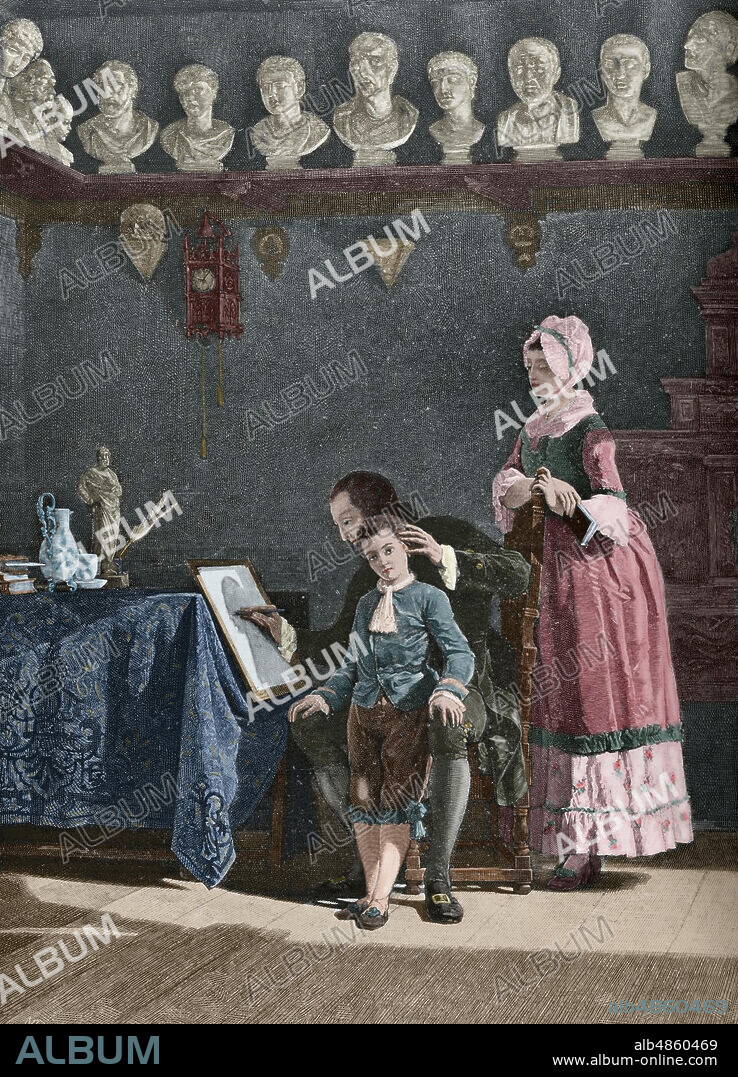 Johann Caspar Lavater (1741-1801). Escritor, filósofo y teólogo protestante suizo de lengua alemana. "Lavater haciendo estudios de fisionomía". Grabado a partir de un cuadro de M. A. Gilli. La Ilustración Española y Americana,15 de enero de 1881. Coloreado.