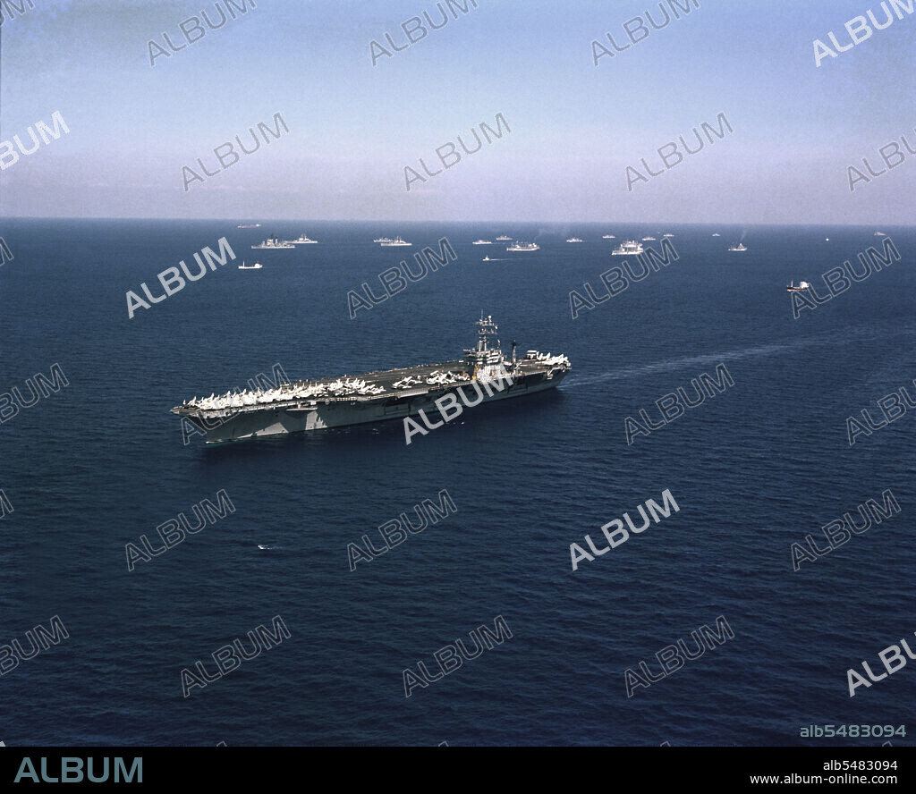 1976 - An aerial starboard bow view of the nuclear-powered aircraft carrier USS NIMITZ (CVN 68) underway during Operation DISPLAY DETERMINATION.