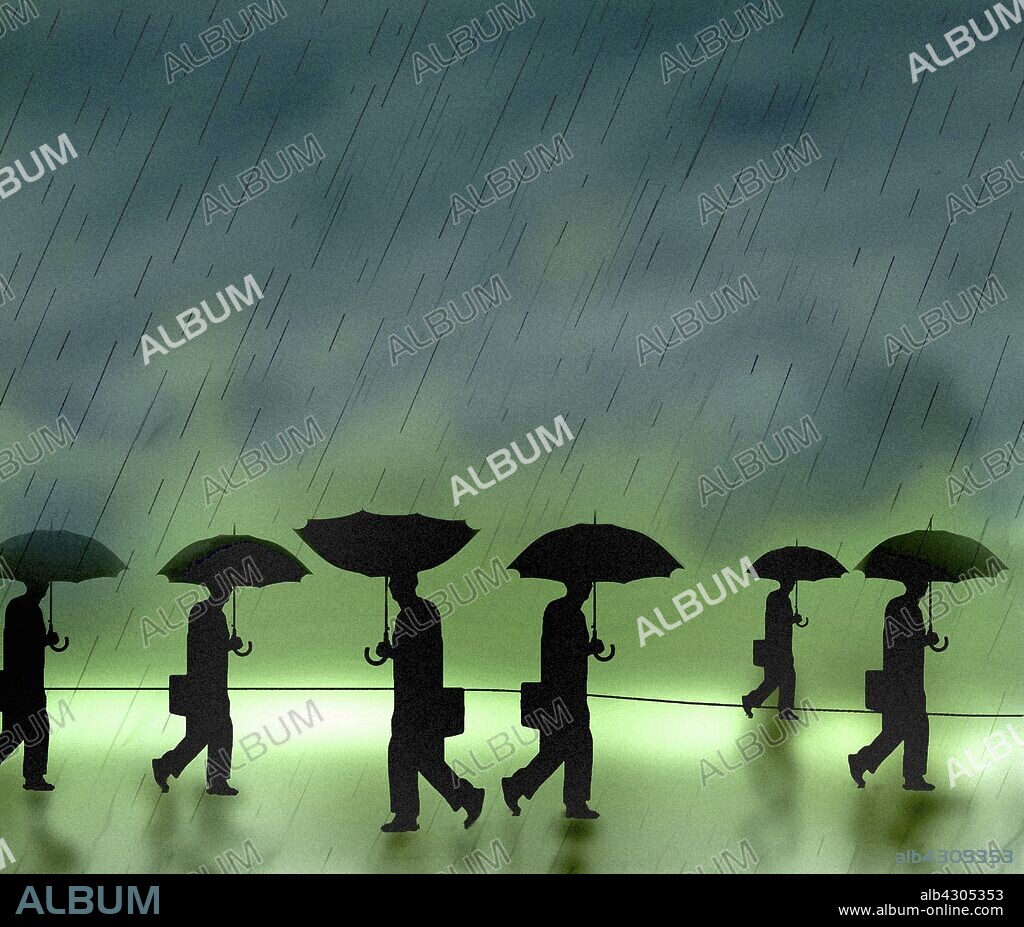 Businessman standing out from the crowd with upside down umbrella.