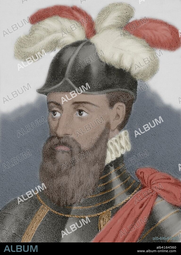 Francisco Pizarro (1478-1541). Spanish conqueror of the Inca empire. Lithography. Detail. Later colouration. Drawing by Jose Cebrian (1839-1904). Cronica General de Espa–a, Historia Ilustrada y Descriptiva de sus Provincias. Extremadura, 1870.