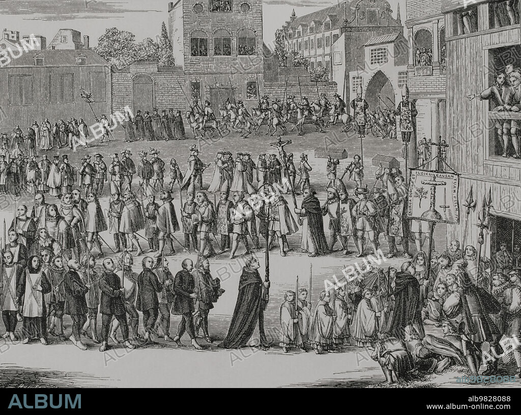 Spanish Inquisition. Auto-da-fé. Procession of the captives of the Inquisition to the Auto de Fe to be sentenced. Public ceremony carrying the Inquisition emblem, the cross with the olive branch and the sword. Facsimile after an engraving from "Historia Inquisitionis", 1692. "Vie Militaire et Religieuse au Moyen Age et à l'Epoque de la Renaissance". Paris, 1877.