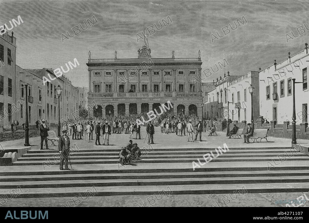 Spain, Canary Islands, Gran Canaria Island, Las Palmas de Gran Canaria. Town Hall, 19th century building located on Santa Ana Square. It hosted the Town Hall until 1977. Engraving by Tom‡s Carlos Capuz (1834-1899). La Ilustracion Espa–ola y Americana, 1881.