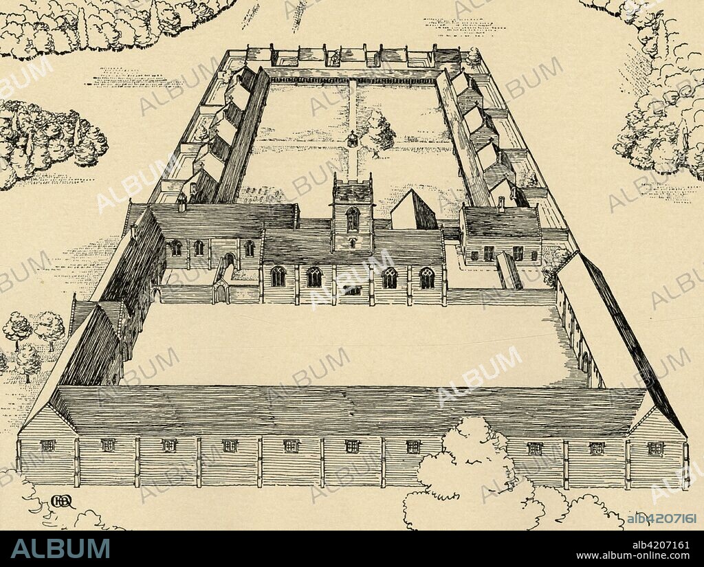 'Bird's-eye view of Carthusian Monastery', (1931). Illustration from A History of Everyday Things in England - Done in two parts of which this is the first - 1066-1499, by Marjorie and C. D. B. Quennell. [B. T. Batsford, London, 1931].