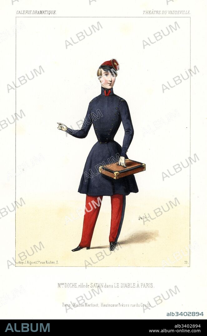 Madame Charlotte Doche as Satan in Le Diable a Paris, Theatre du Vaudeville, 1844. Handcoloured lithograph after an illustration by Alexandre Lacauchie from Victor Dollet's Galerie Dramatique: Costumes des Theatres de Paris, Paris, 1844.
