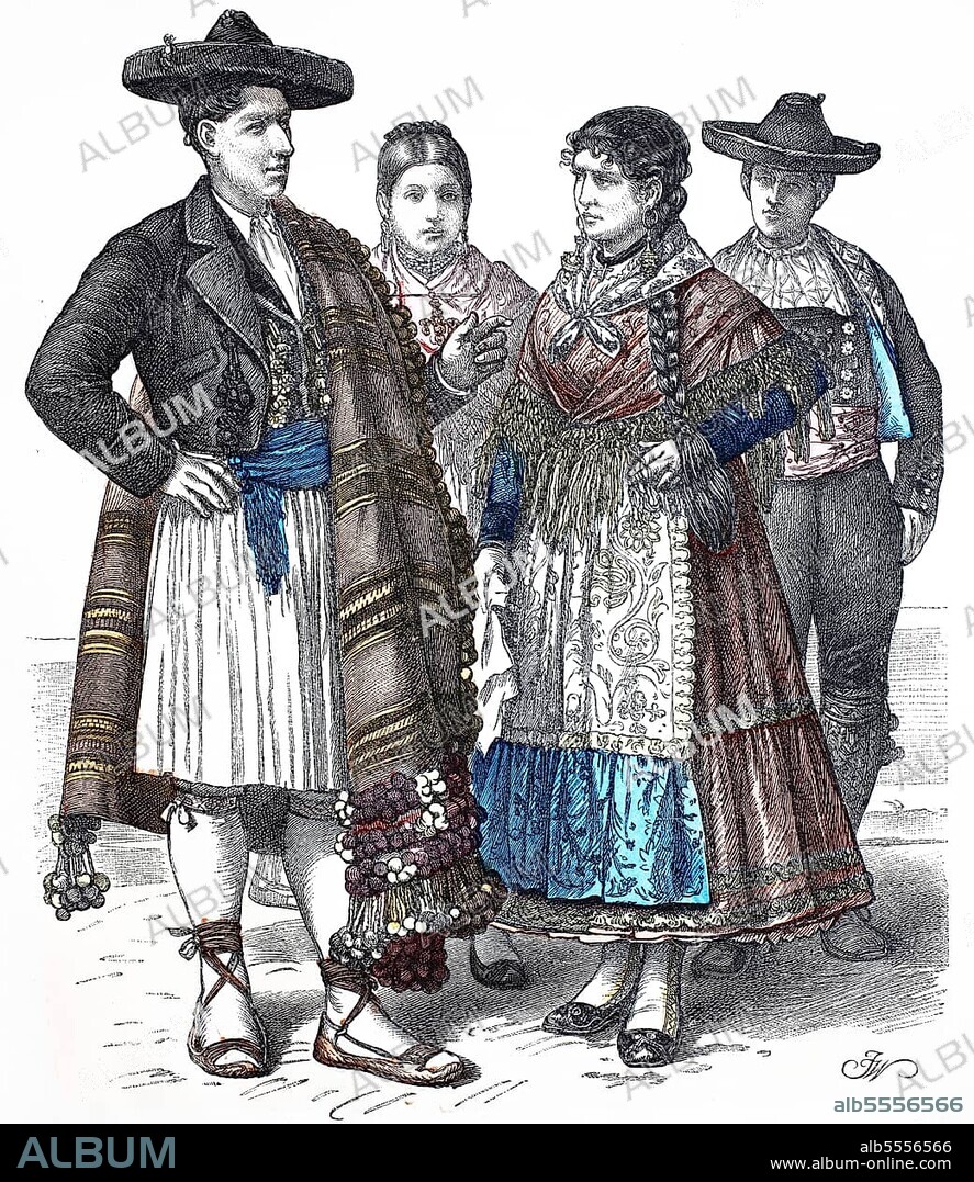 Folk traditional costume, Clothing, History of costumes, Costume from Alicante and Zamora, Spain, 1850, Historical, digitally restored reproduction of a 19th century original, Europe.