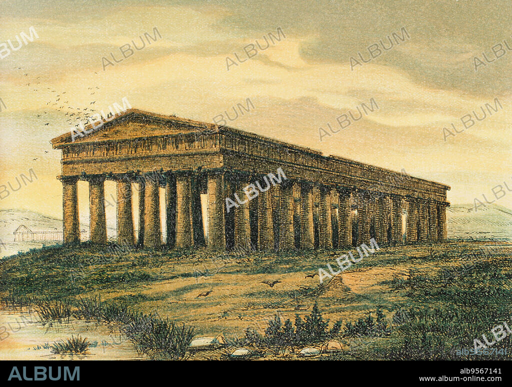 Magna Grecia (sur de Italia). Templo de Neptuno, en Paestum (colonia griega). Cromolitografía. Historia Universal, por César Cantú. Tomo II, 1881.