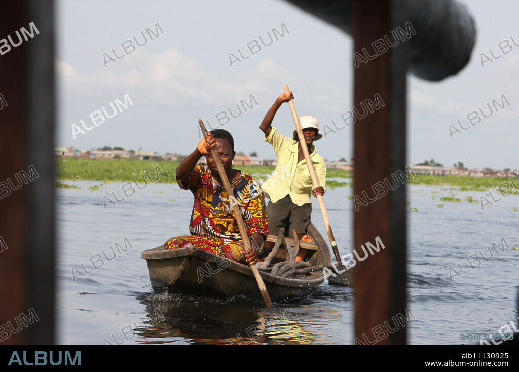 Boat near Ganvie lake village on Nokoue Lake, Benin, West Africa, Africa.